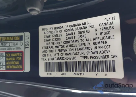 2012 Honda Civic Ex z USA, uszkodzony, nr VIN 2HGFG3B88CH549585